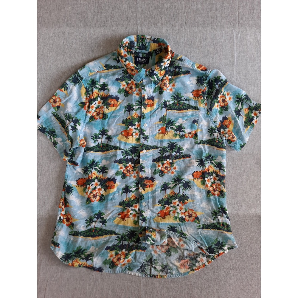 Chaps Men Large Linen Blend Tropical Summer Island Multicolor Button's Shirt